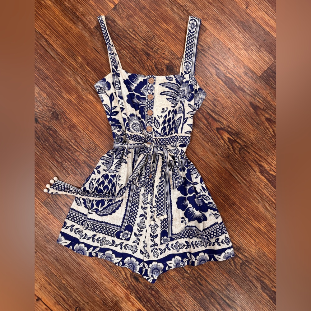 Farm Rio Floral Blue and White Romper